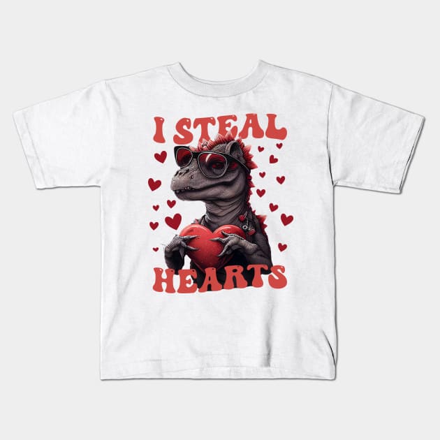 Heart Thief Dinosaur Valentine's Day Kids T-Shirt by CHNSHIRT